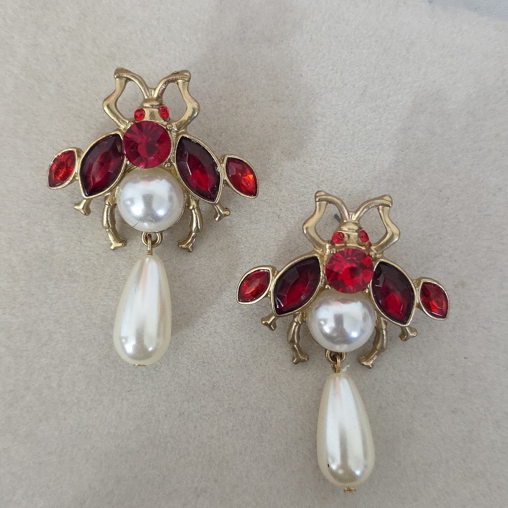 Vintage Gold Bee Earrings with Red Rhinestone And Pearls